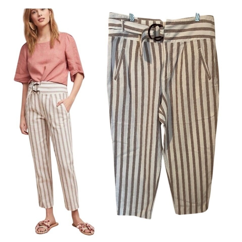 Anthropologie Size 14p Oasis Striped Linen Blend Belted Ankle Pants Cream Tan